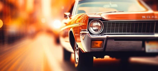 Fotobehang Dynamic auto backdrop with blurred bokeh, car showroom scenes, and vintage car imagery. © Ilja