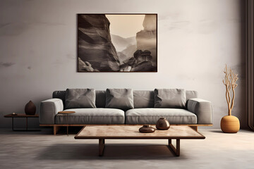A living room with a grey couch and a coffee table