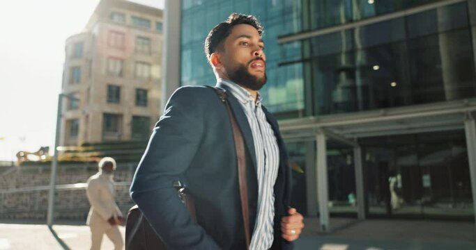 Business man, watch and running late in city, street or rush to workplace at investment company. Employee, time management or check clock on urban sidewalk for commute, booking or crisis in Cape Town