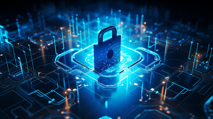 cybersecurity concept, electronic circuit board with processor, blockchain technology