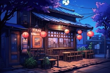 A beautiful Japanese Tokyo city ramen shop restaurant bar in the dark night evening. House at the...