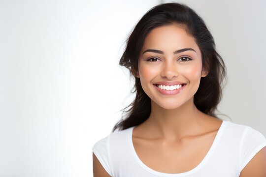 A closeup photo portrait of a beautiful young Asian Indian model woman smiling with clean teeth. Used for a dental ad. Isolated on white background.