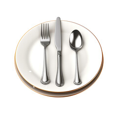 Fork and spoon placed on the plate isolated on transparent background