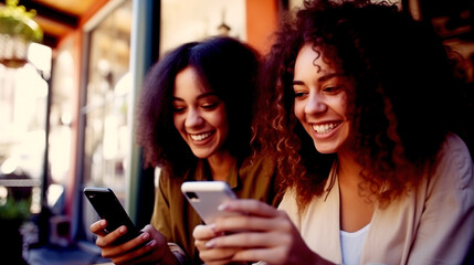 Two happy funny girlfriends, one white and one black, laugh and have fun while watching a video on a smartphone outdoors.