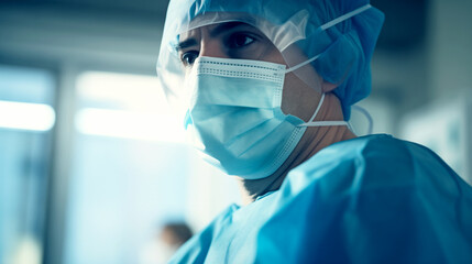 Close-up of a surgeon wearing a mask in front of the operating room.