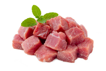 pile of fresh pork cubes isolated on white background.