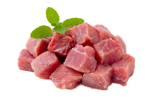 pile of fresh pork cubes isolated on white background.