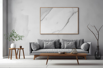 Grey living room with a grey couch and white poster