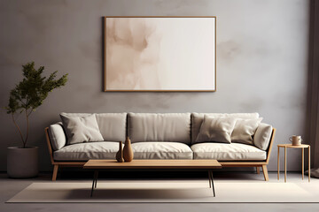 Grey living room with a grey couch and white poster