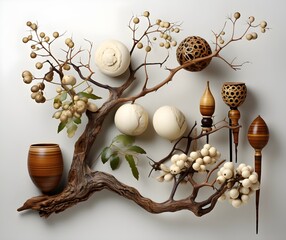 Decoración sobre pared blanca de rama con jarrones y frutos. Render 3d realista con fondo liso blanco. Generado con tecología IA - obrazy, fototapety, plakaty