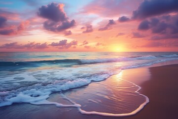 A tranquil beach scene at sunrise with calm waves and a colorful sky.