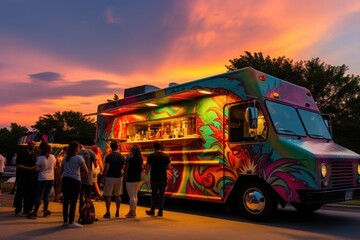 A vibrant food truck festival with a variety of cuisines, live music, and a community gathering.