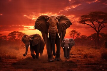 A wildlife safari in Africa with a stunning savannah landscape, elephants, and a sunset backdrop.