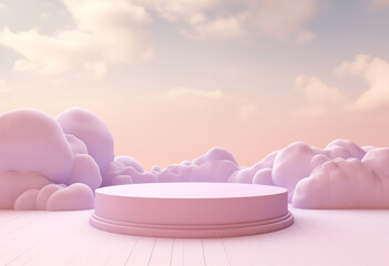 Obraz na płótnie Canvas Abstract, elegant podium and product pedestal, fairytale landscape. Pastel purple, pink soft clouds background. 3D Illustration.