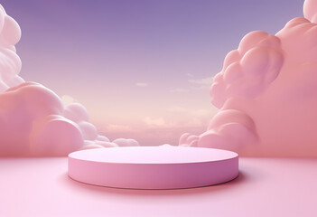 Abstract, elegant podium and product pedestal, fairytale landscape. Pastel purple, pink soft clouds background. 3D Illustration. - obrazy, fototapety, plakaty