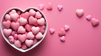 Obraz premium Valentine's Day Candies on Pink Pastel Background with Copy Space - Overhead Flat Lay View of Heart-Shaped Sweets in Pink, Purple, Red, and White Color Tones 
