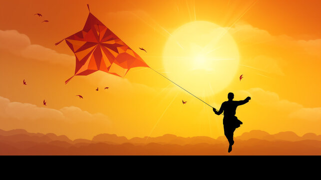 Happy Makar Sankranti, showcasing a silhouette of a man flying a kite with a sun illustration on a orange background