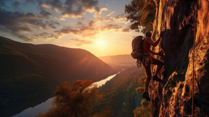 Rock climber hanging on a cliff and looking at the sunset. - obrazy, fototapety, plakaty