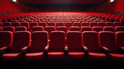 Empty cinema auditorium with rows of red seats, perspective view.