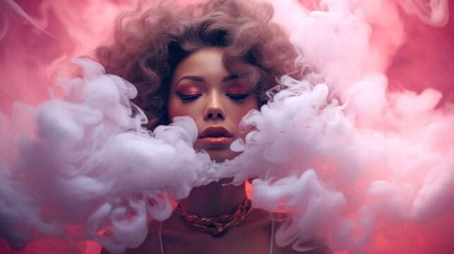 Beautiful young woman with curly hair and bright make-up posing in pink smoke.