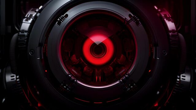 A robotic eye looking directly at the camera with a blinking red light symbolizing the presence of a new technology era. .