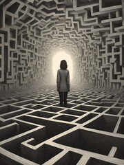 A woman gazing into the depths of a labyrinthine space