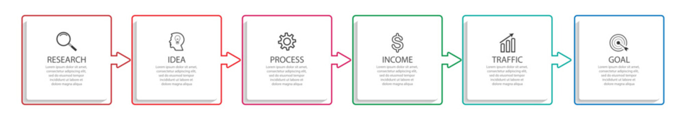 simple infographic design with six parts or steps, interconnected square shapes with thin colored lines, for flow diagrams, banners or your business presentation