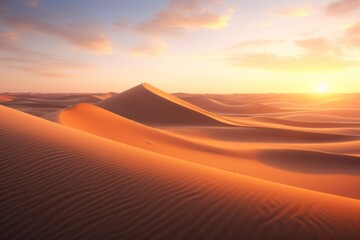Fototapeta na wymiar Sunset over a calm desert with dunes casting long shadows, evoking a sense of solitude and peace.