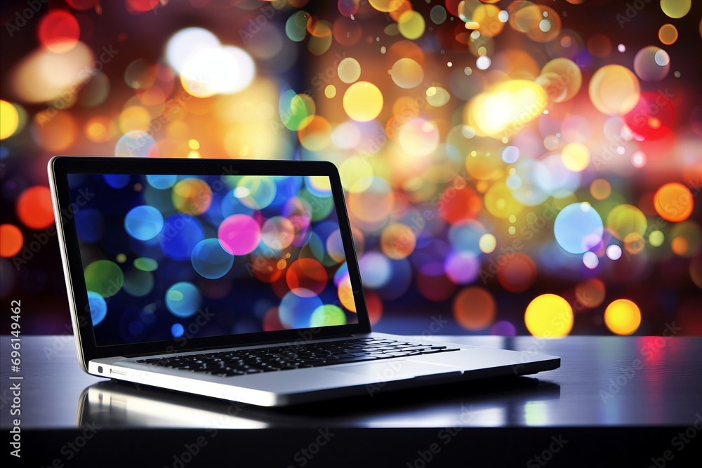 Poster sleek and modern laptop with vibrant abstract bokeh background resting on a stylish desk