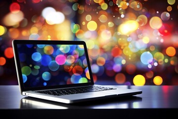 Sleek and modern laptop with vibrant abstract bokeh background resting on a stylish desk