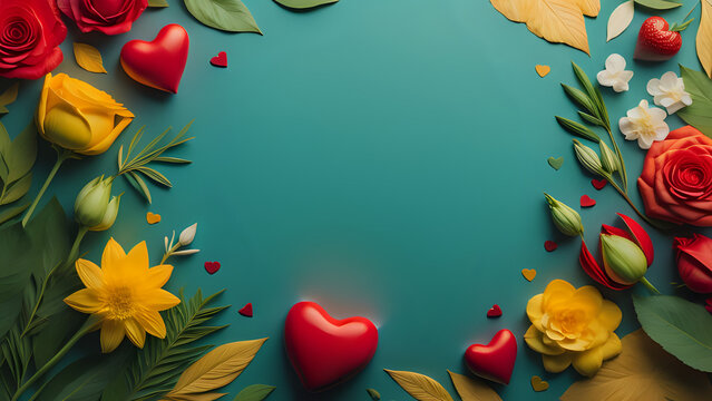 Love Romantic Valentine's day background Valentine's Day background in blue with heart and yellow flower decorations combined with plant leaves