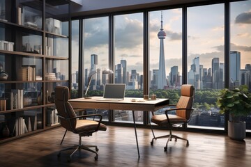 Fototapeta premium Modern home office setup with sleek furniture and technology, large windows overlooking a cityscape.