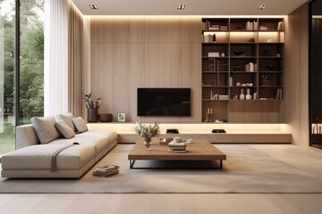 Modern interior design of a living room with minimalist furniture and clean lines.