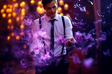 Magician performing tricks in front of colorful smoke and floating objects with blurred bokeh effect