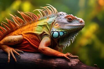 Obraz premium Portrait of a colorful iguana sitting on a branch.