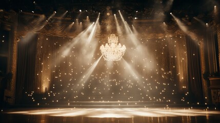 Blurred bokeh effect of a grand broadway theater stage with elegant curtain and chandeliers - obrazy, fototapety, plakaty