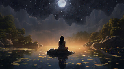 illustration portraying a young woman immersed in a yoga practice amidst the beauty of nature at night - obrazy, fototapety, plakaty
