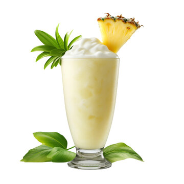 Freshly made pineapple pina colada drink glass isolated on transparent background