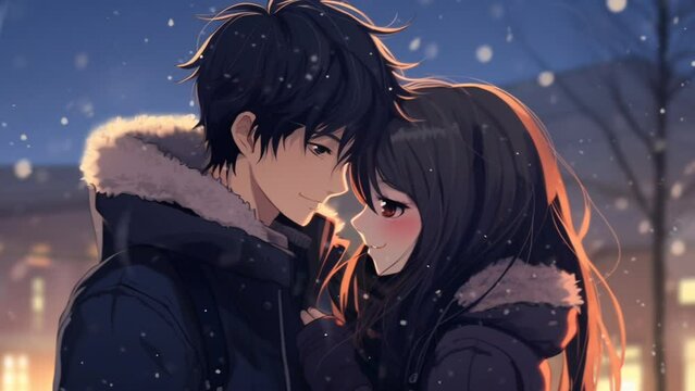 anime girl, cuddling with boyfriend while snowing. seamless looping time-lapse animation video background. Generated with AI