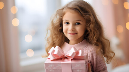 Fototapeta na wymiar A caucasian toddler girl holding a gift in pink colors on Mother's Day, Valentine's Day, Christmas, or birthday,