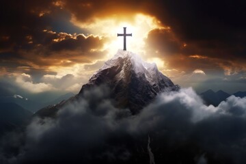 Cross of Jesus Christ on the top of the mountain in the clouds, Religion concept.
