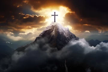 Tuinposter Cross of Jesus Christ on the top of the mountain in the clouds, Religion concept.  © Nongkran