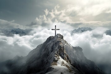 Cross of Jesus Christ on the top of the mountain in the clouds, Religion concept.
