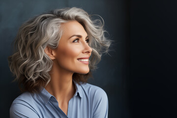 side view of mature woman smile - obrazy, fototapety, plakaty