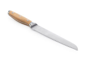 Bread knife placed on white background.