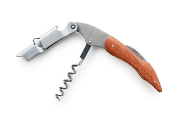 Sommelier knife placed on white background.