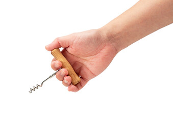 Hand with corkscrew isolated on white background.