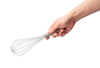 Men hand holding a stainless steel whisk isolated on a white background.