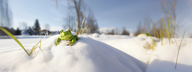 春先の雪解け時期に雪原の中からひょっこり顔を出す雨蛙