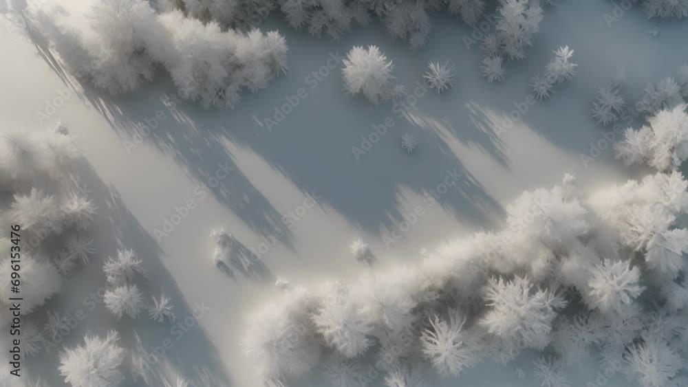 Poster overhead view frozen river with layer delicate frost flowers covering surface, creating surreal ethe